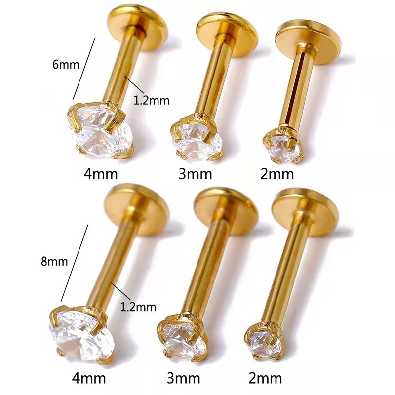 1PC F136 titāna lūpu pīrsings zelta labret 2/3/4mm cirkons 16G 6-10mm iekšējais vītnis lūpu nags ausu kniedes Auskari ķermeņa rotaslietas