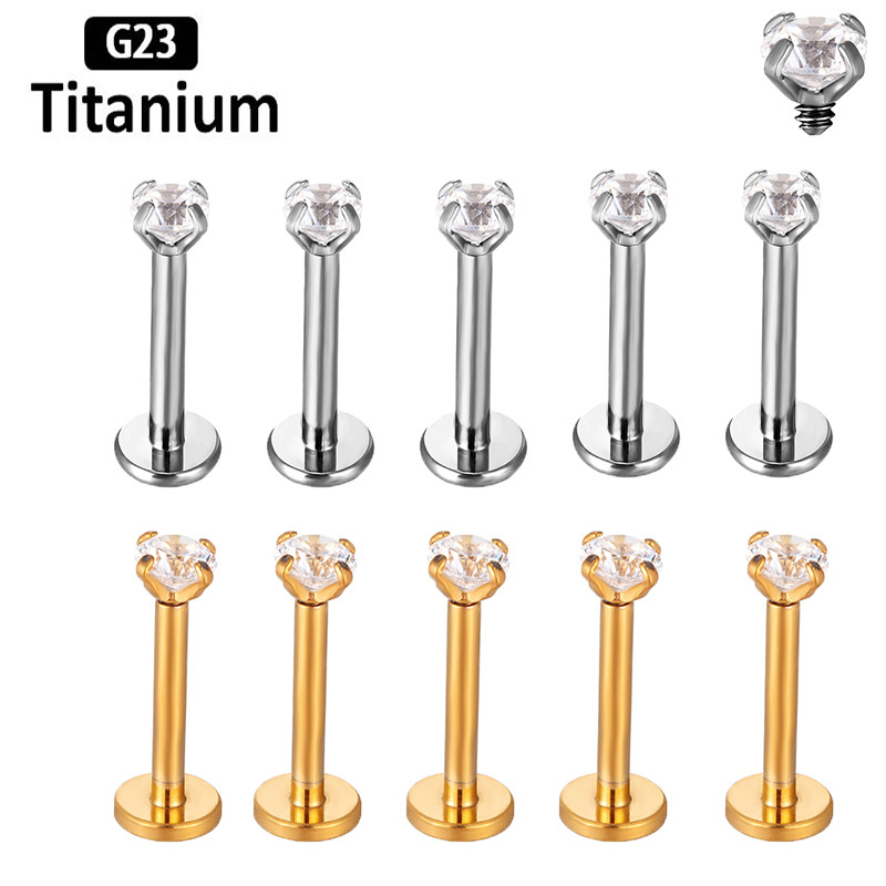 1PC F136 titāna lūpu pīrsings zelta labret 2/3/4mm cirkons 16G 6-10mm iekšējais vītnis lūpu nags ausu kniedes Auskari ķermeņa rotaslietas
