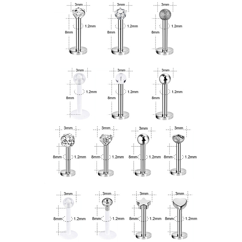 12~16 db/tétel rozsdamentes acél ajaklabret piercing csapok szett Lengua Monroe súlyzó ajakgyűrű Tragus porc kagyló füllyukasztás