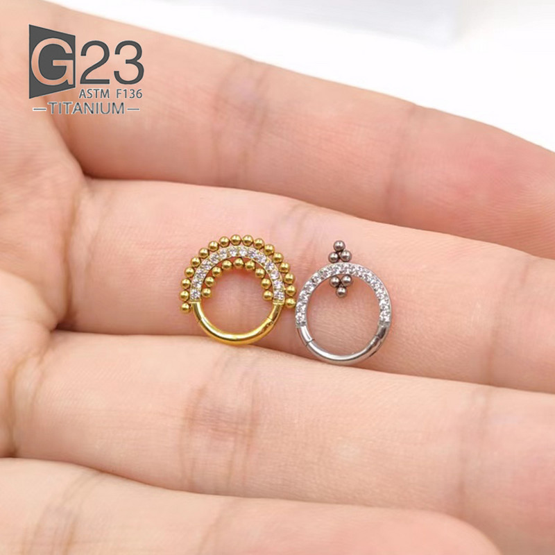 ASTM F136 Cercei rotunzi din titan, mărgele septum Clicker Hoop Stud Segment cu balamale Zircon Inel pentru nas Bijuterii piercing pentru femei