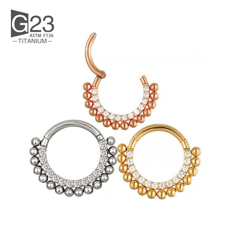 ASTM F136 Cercei rotunzi din titan, mărgele septum Clicker Hoop Stud Segment cu balamale Zircon Inel pentru nas Bijuterii piercing pentru femei