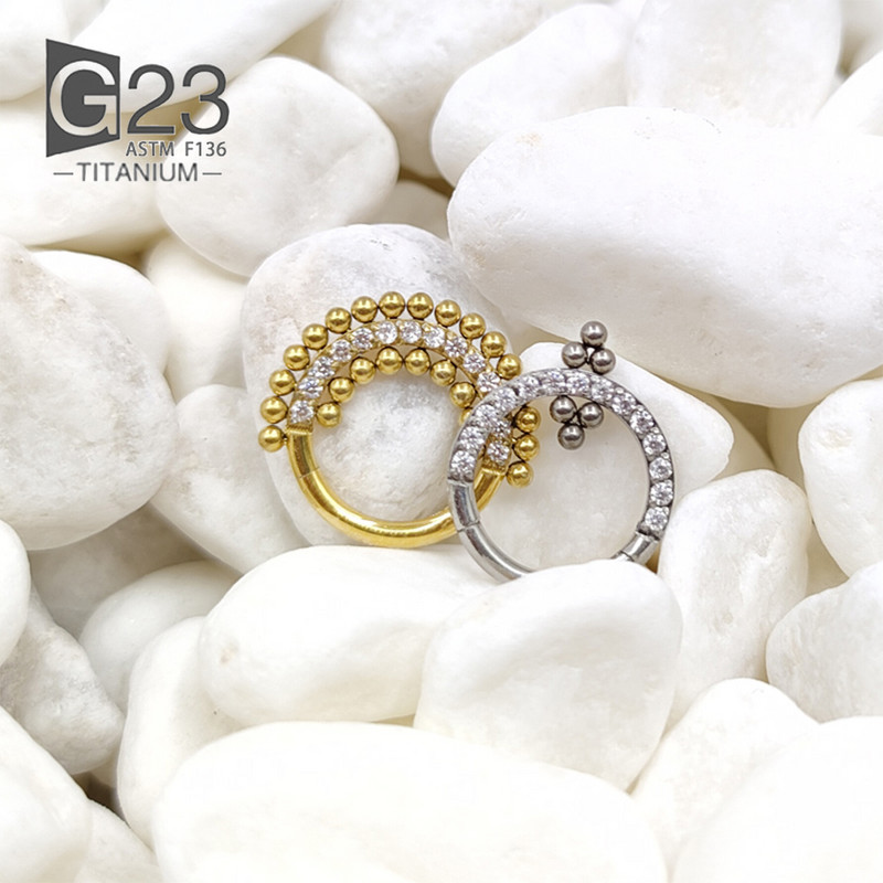 ASTM F136 Cercei rotunzi din titan, mărgele septum Clicker Hoop Stud Segment cu balamale Zircon Inel pentru nas Bijuterii piercing pentru femei