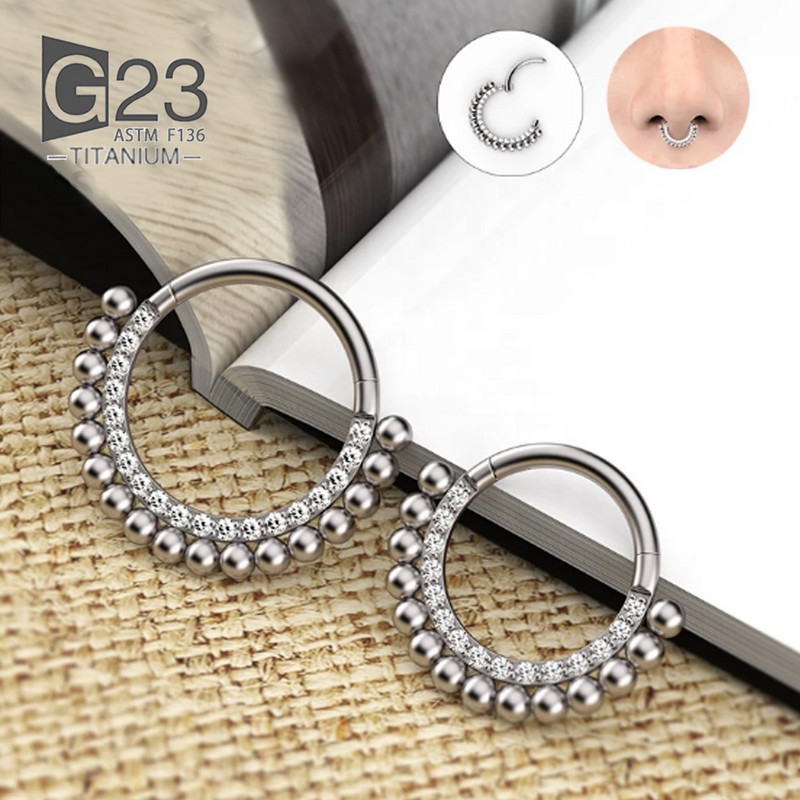 ASTM F136 Cercei rotunzi din titan, mărgele septum Clicker Hoop Stud Segment cu balamale Zircon Inel pentru nas Bijuterii piercing pentru femei