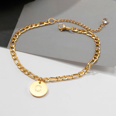 26 de litere gleznă pentru femei, lanț de gleznă inițial AZ, lanț Figaro din oțel inoxidabil ton auriu, monedă alfabetică bijuterii de plajă pentru fete