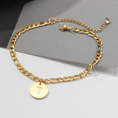 26 de litere gleznă pentru femei, lanț de gleznă inițial AZ, lanț Figaro din oțel inoxidabil ton auriu, monedă alfabetică bijuterii de plajă pentru fete