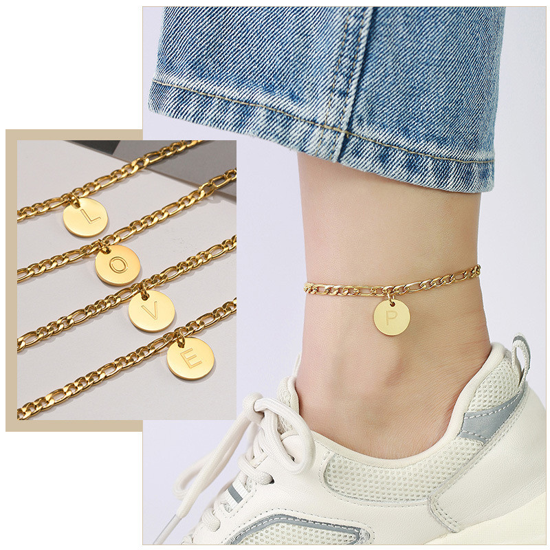 26 de litere gleznă pentru femei, lanț de gleznă inițial AZ, lanț Figaro din oțel inoxidabil ton auriu, monedă alfabetică bijuterii de plajă pentru fete