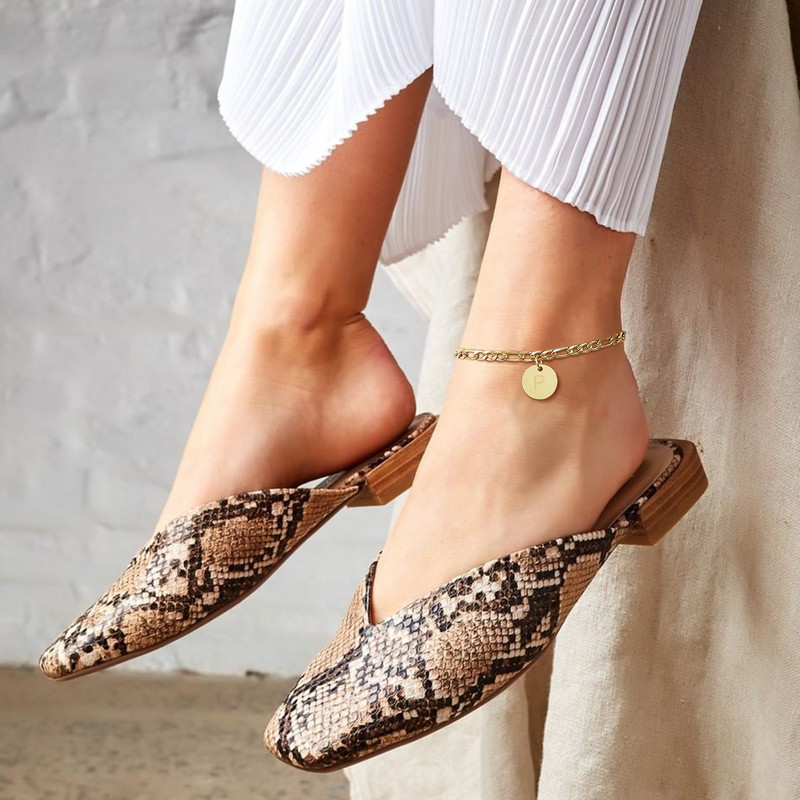 26 de litere gleznă pentru femei, lanț de gleznă inițial AZ, lanț Figaro din oțel inoxidabil ton auriu, monedă alfabetică bijuterii de plajă pentru fete