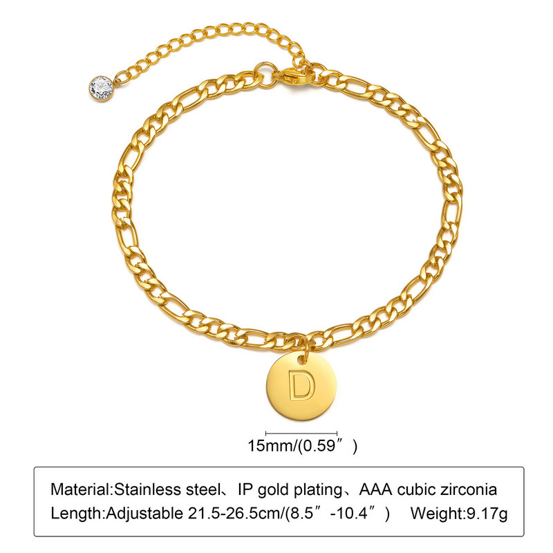 26 de litere gleznă pentru femei, lanț de gleznă inițial AZ, lanț Figaro din oțel inoxidabil ton auriu, monedă alfabetică bijuterii de plajă pentru fete