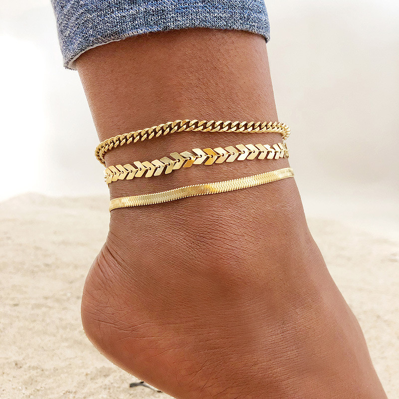 2 bucăți/set gleznă simplă cu lanț din oțel inoxidabil ton auriu pentru femei, brățară de plajă cu mai multe straturi, accesoriu pentru lanț de șarpe.