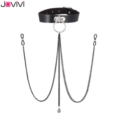 Jovivi 1x Laț din piele Inele pentru mamelon false Choker Silicon Non Piercing Lant reglabil pentru mamelon Bijuterii sexy pentru piercing pentru corp Negru