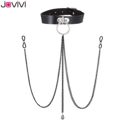 Jovivi 1x bőr hurok hamis mellbimbó gyűrűk Choker szilikon nem piercing állítható mellbimbó lánc szexi test piercing ékszer fekete