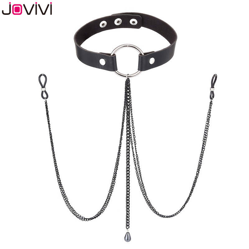 Jovivi 1x bőr hurok hamis mellbimbó gyűrűk Choker szilikon nem piercing állítható mellbimbó lánc szexi test piercing ékszer fekete