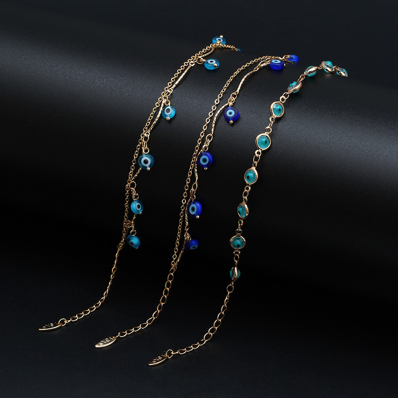 EVIL EYE Brățară de gleznă de culoare aurie, lanț de picior reglabil, albastru turcesc Evil Eye Charm gleznă Bijuterii de modă pentru femei, fete BD198