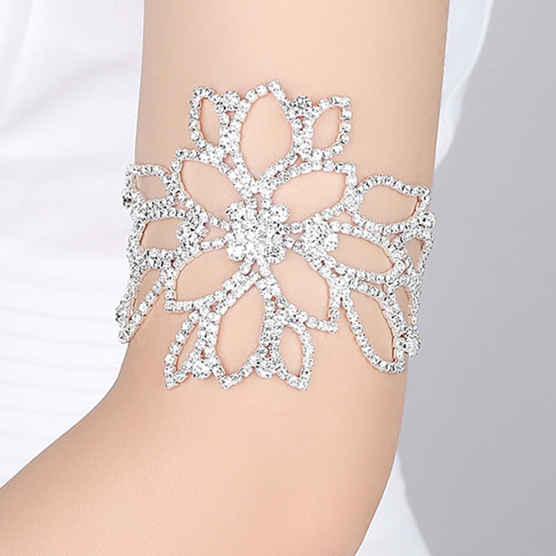 Cristal cu strass, floare goală, strălucitoare, bijuterii pentru braț pentru femeie, brățară de nuntă, brățară și gleznă brodate