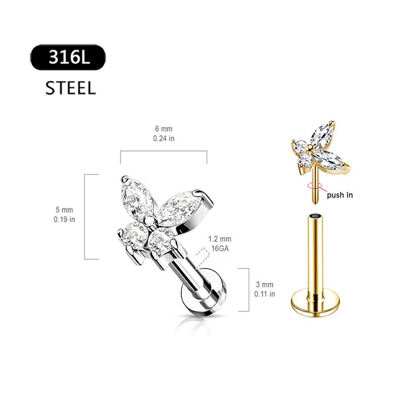 Zmija Pčela Leptir Cvijet Push in Labret Nit Threadless Usne Uho Hrskavice Conch Naušnice Unisex Body Piercing Nakit 16G 18G