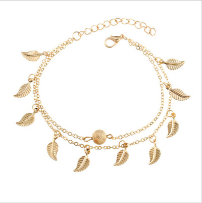 Nouă vânzare europeană și americană de gleznă cu frunze de plajă, simplu, cu ciucuri dublu, stil etnic pentru femei, accesorii pentru picior cu frunze mici, bijuterii