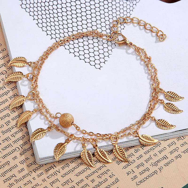 Nouă vânzare europeană și americană de gleznă cu frunze de plajă, simplu, cu ciucuri dublu, stil etnic pentru femei, accesorii pentru picior cu frunze mici, bijuterii