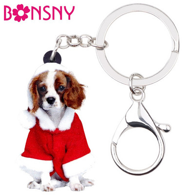 „Bonsny“ akriliniai kalėdiniai kostiumai „Cavalier King Charles Spaniel“ šunų raktų pakabukai, žiedai