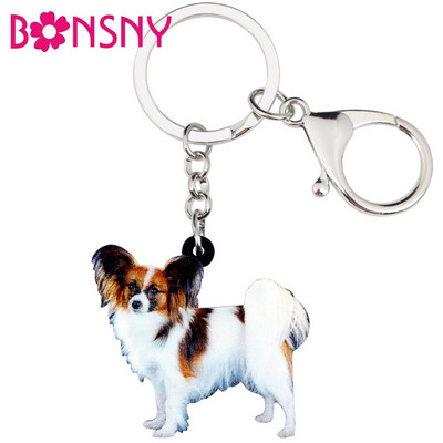Bonsny Акрил Papillon Dog Ключодържатели Ключодържател Пръстени Бижута за жени Момичета Дамска чанта Портмоне за кола Талисмани Висулка Аксесоари за домашни любимци