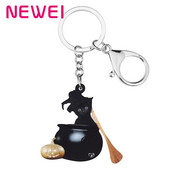 Newei Acrilic Halloween Black Lovely Cat Breloce Imprimare Animal Breloc Bijuterii pentru Femei Fete Bărbați Cadou amuzant Decorare mașină