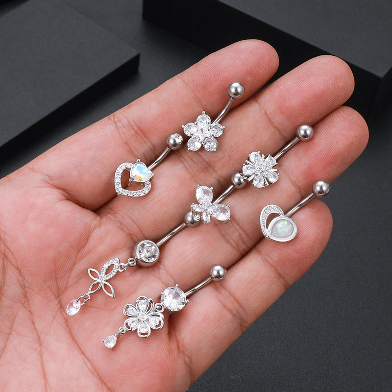Szív virág pillangó 14g köldök köldök gyűrűk sebészeti acél kristály cirkon rúd piercing Ombligo Oreja lógó testékszerek