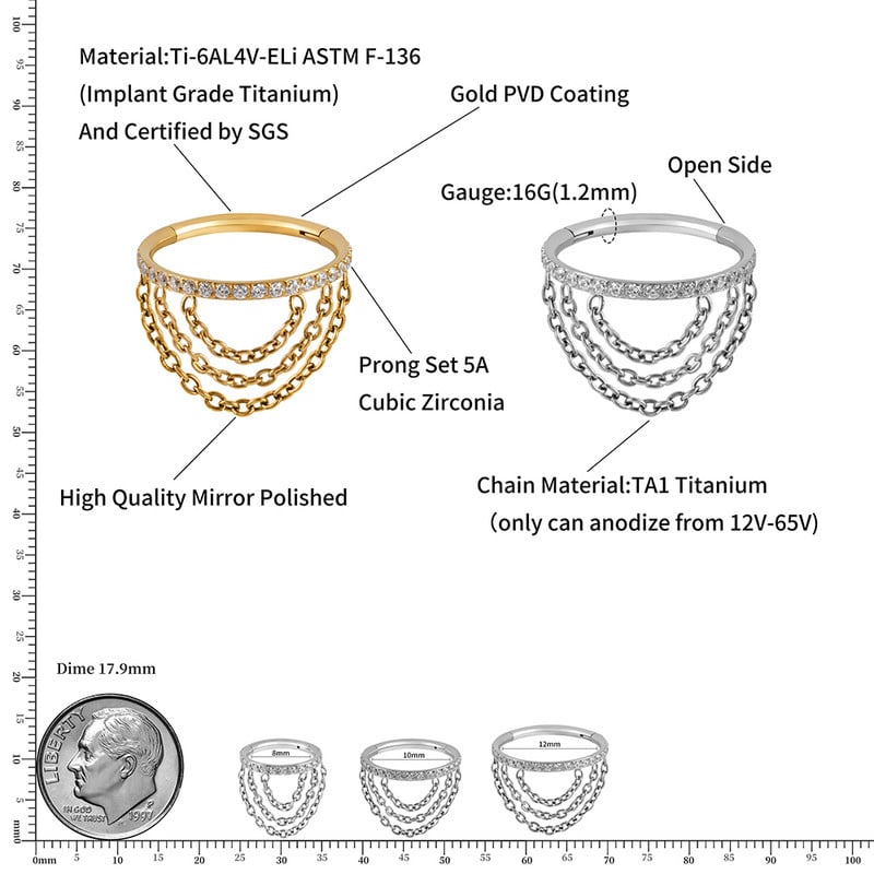 Jobb Grand ASTM F136 Titanium CZ csuklós Clicker szegmens hármas láncú porcos fülbevaló karikával 8-12mm Helix kagyló piercing