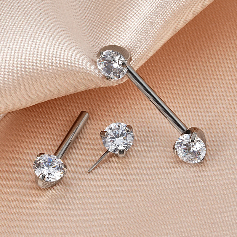 1 buc Right Grand 14G Implant grad titan fără filet Push-in Prong Set zircon mamelon barbel pentru femei Piercing mamelon