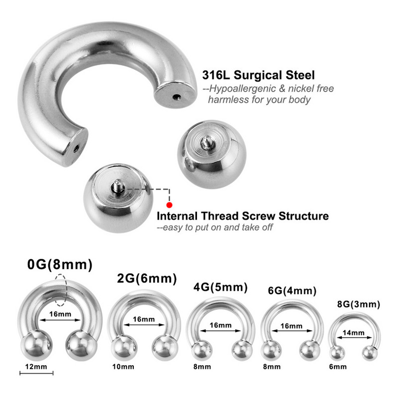 1PC 0G-8G Oțel chirurgical Piercing Septum Bijuterii Ecartament pentru ureche Barbelle circulare Potcoavă Piercing pentru ureche Greutăți Extensor de targă
