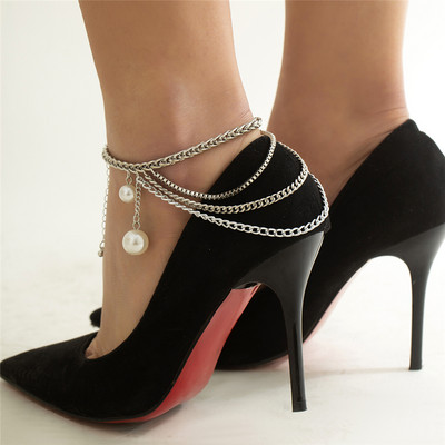 1 buc. Lanț cu ciucuri cu mai multe straturi, lanț cu toc înalt, glezne, brățară de gleznă pentru femei, sandale desculțe, pandantiv cu perle, lanț pentru picioare, bijuterii de petrecere