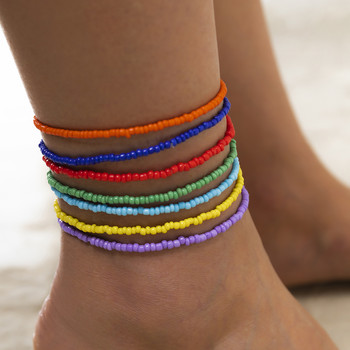 7 бр./компл. Boho Colorful Seed Beaded Beaded Anklet гривна Women Summer Beach Elastic Chain Barefoot Y2K Female Jesthetic Foot Jewelry