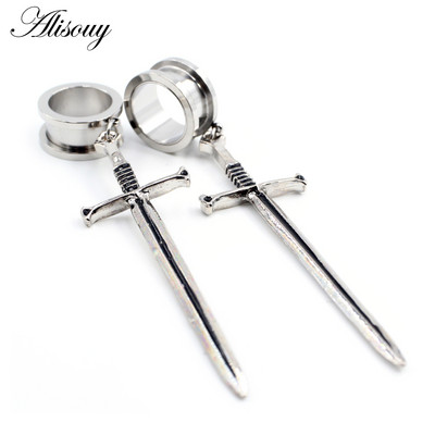 Alisouy 2 buc. Sabie din oțel inoxidabil, șurub în cruce, tuneluri pentru urechi, dopuri, expansor, targă, calibre, cercei, piercing, bijuterii