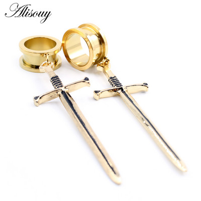 Alisouy 2 buc. Sabie din oțel inoxidabil, șurub în cruce, tuneluri pentru urechi, dopuri, expansor, targă, calibre, cercei, piercing, bijuterii