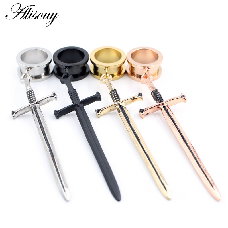 Alisouy 2 buc. Sabie din oțel inoxidabil, șurub în cruce, tuneluri pentru urechi, dopuri, expansor, targă, calibre, cercei, piercing, bijuterii