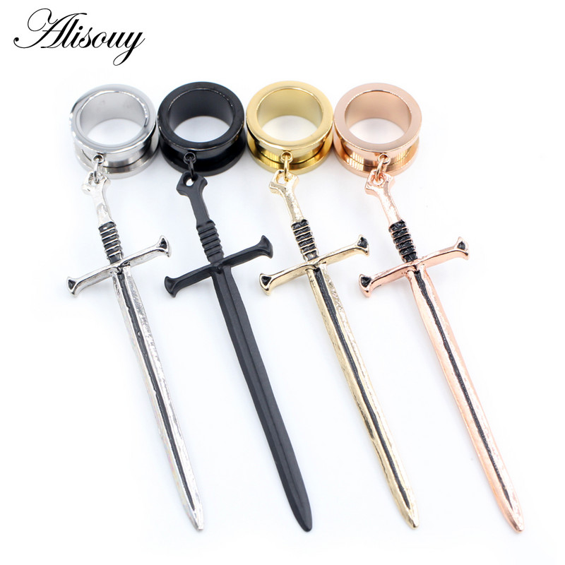 Alisouy 2 buc. Sabie din oțel inoxidabil, șurub în cruce, tuneluri pentru urechi, dopuri, expansor, targă, calibre, cercei, piercing, bijuterii