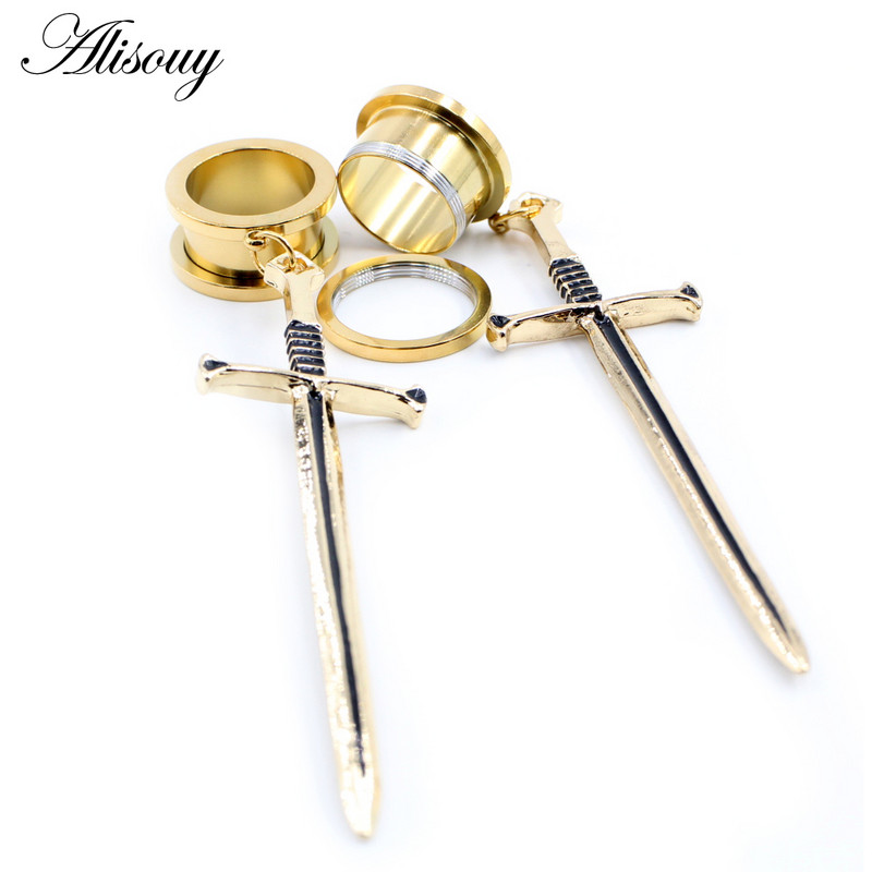 Alisouy 2 buc. Sabie din oțel inoxidabil, șurub în cruce, tuneluri pentru urechi, dopuri, expansor, targă, calibre, cercei, piercing, bijuterii
