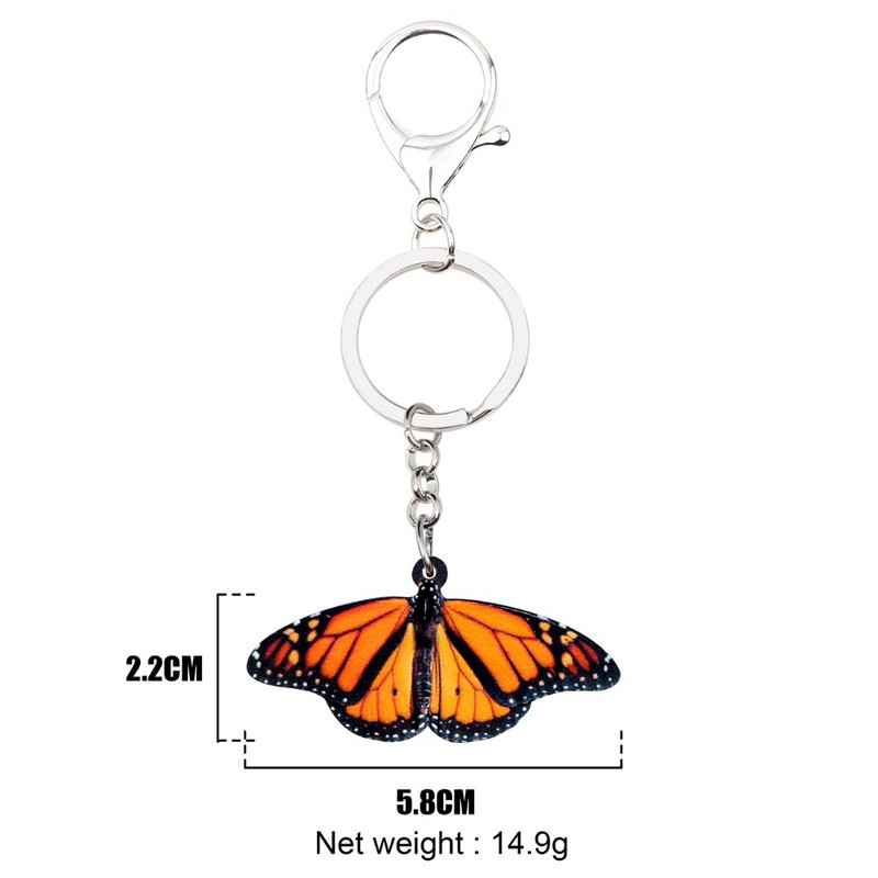 Bonsny acrilic portocaliu fluture monarh breloc breloc inel moda insecte bijuterii pentru femei fete geanta masina poșeta farmece cadou