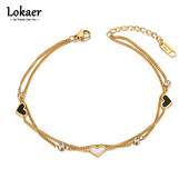 Lokaer Goth Dublu Strat Negru Alb Inimă Charm gleznă pentru femei 18K placat cu aur din oțel inoxidabil CZ Crystal Bijuterii pentru picioare A21019