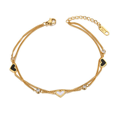 Lokaer Goth Dublu Strat Negru Alb Inimă Charm gleznă pentru femei 18K placat cu aur din oțel inoxidabil CZ Crystal Bijuterii pentru picioare A21019