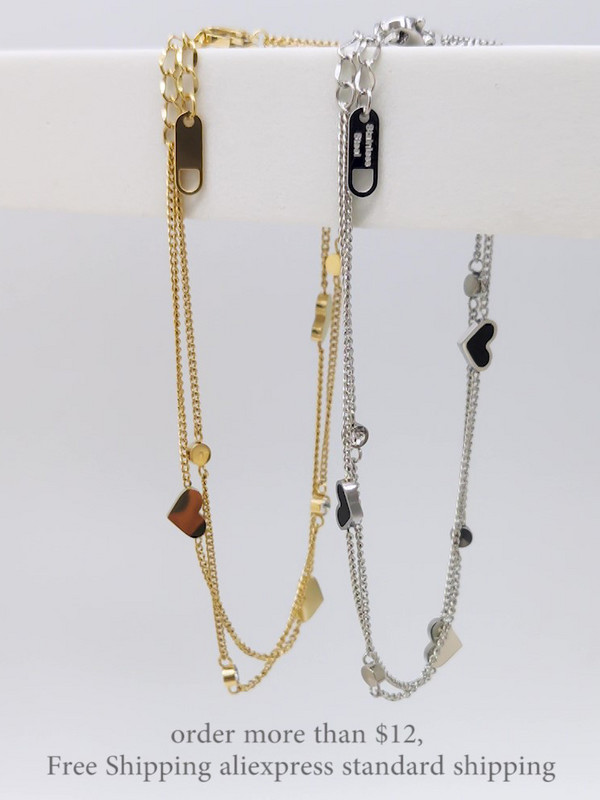 Lokaer Goth Dublu Strat Negru Alb Inimă Charm gleznă pentru femei 18K placat cu aur din oțel inoxidabil CZ Crystal Bijuterii pentru picioare A21019