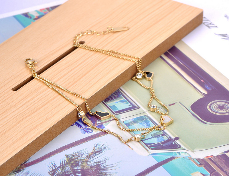 Lokaer Goth Dublu Strat Negru Alb Inimă Charm gleznă pentru femei 18K placat cu aur din oțel inoxidabil CZ Crystal Bijuterii pentru picioare A21019