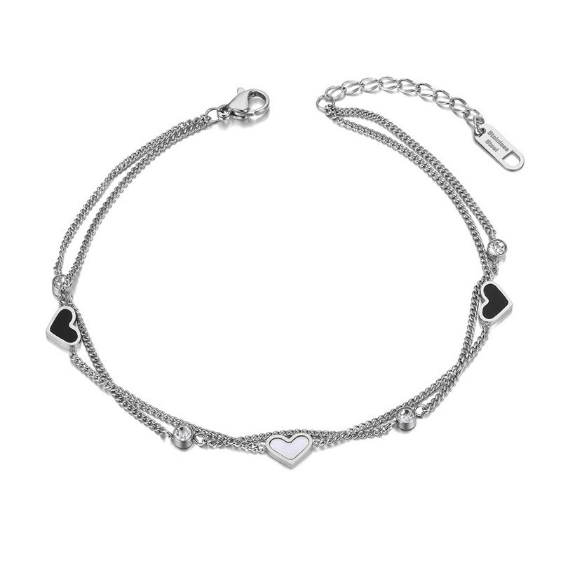 Lokaer Goth Dublu Strat Negru Alb Inimă Charm gleznă pentru femei 18K placat cu aur din oțel inoxidabil CZ Crystal Bijuterii pentru picioare A21019