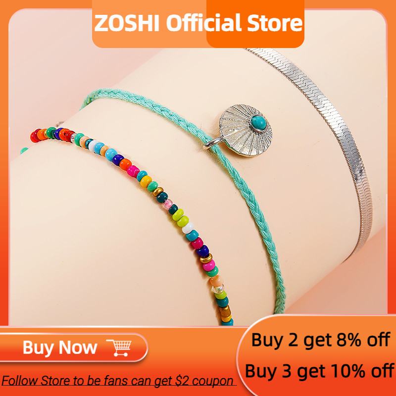 ZOSHI 3 buc/set glezne cu lanț de picioare boeme pentru femei, fete, vară, mărgele de semințe țesute manual, frânghie, brățară pentru picioare, bijuterii de plajă