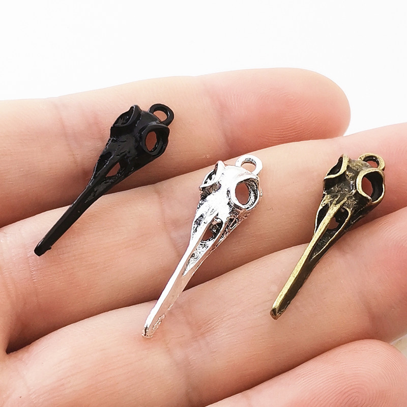 10 buc. Breloc cu cap de pasăre, craniu de corb, 35x9mm, pandantive placate cu argint tibetan, fabricarea de bijuterii antice, artizanat manual