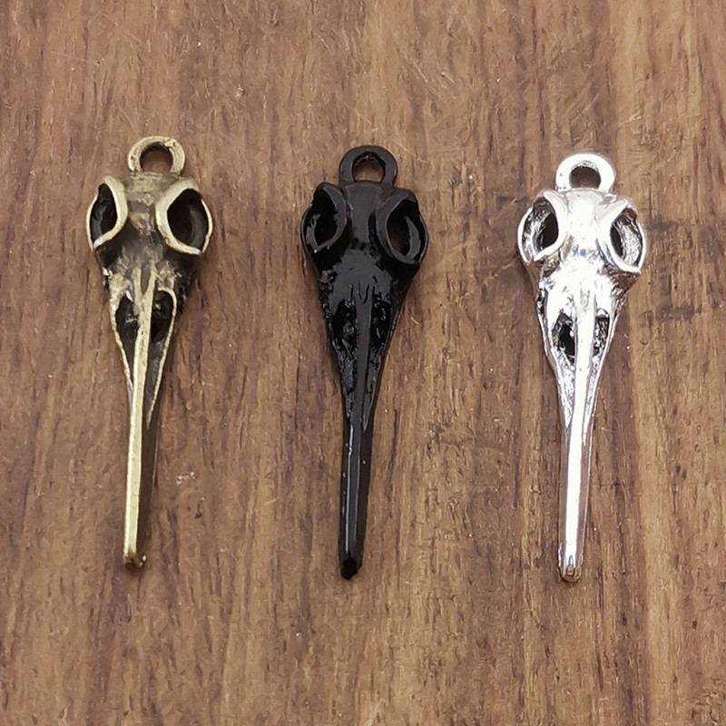 10 buc. Breloc cu cap de pasăre, craniu de corb, 35x9mm, pandantive placate cu argint tibetan, fabricarea de bijuterii antice, artizanat manual