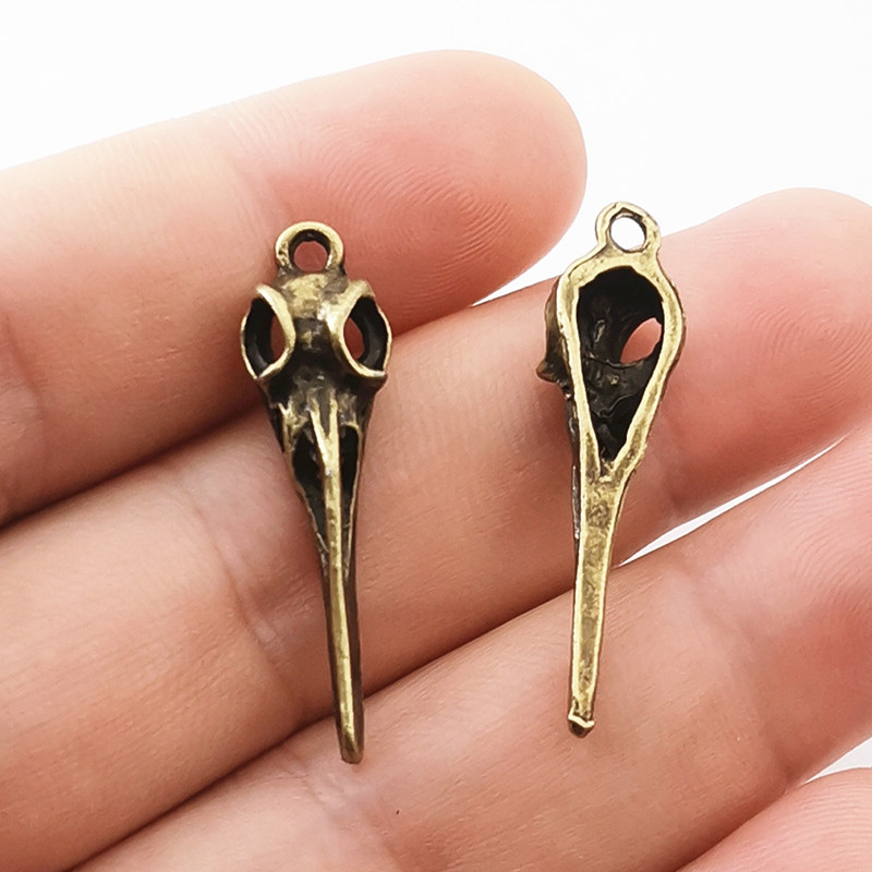 10 buc. Breloc cu cap de pasăre, craniu de corb, 35x9mm, pandantive placate cu argint tibetan, fabricarea de bijuterii antice, artizanat manual