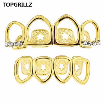 Σετ ψησταριά TOPGRILLZ Χρυσό επιμεταλλωμένο Τέσσερις Ολόσωμο Ανοιχτό Πρόσωπο Κοίλο Tooth Grillz Top με CZ & ψησταριές κάτω δοντιών για άνδρες και γυναίκες