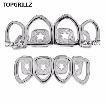 TOPGRILLZ Grill Set Златно покритие Четири напълно отворени лицеви кухи зъби Grillz Top с CZ и долни решетки за зъби за мъже и жени