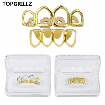 Set de grătar TOPGRILLZ, placat cu aur, cu patru grile cu dinți goli cu față complet deschisă, cu CZ și grătare de jos pentru bărbați și femei