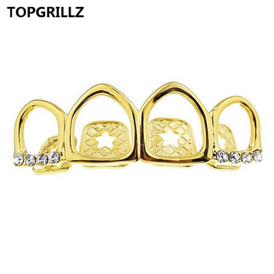 TOPGRILLZ Grill Set Златно покритие Четири напълно отворени лицеви кухи зъби Grillz Top с CZ и долни решетки за зъби за мъже и жени