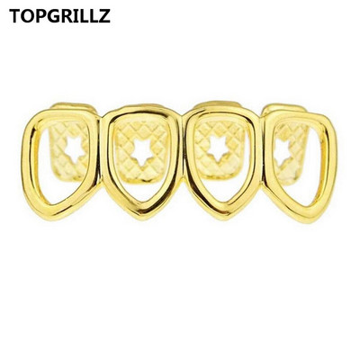 TOPGRILLZ Grill Set Златно покритие Четири напълно отворени лицеви кухи зъби Grillz Top с CZ и долни решетки за зъби за мъже и жени